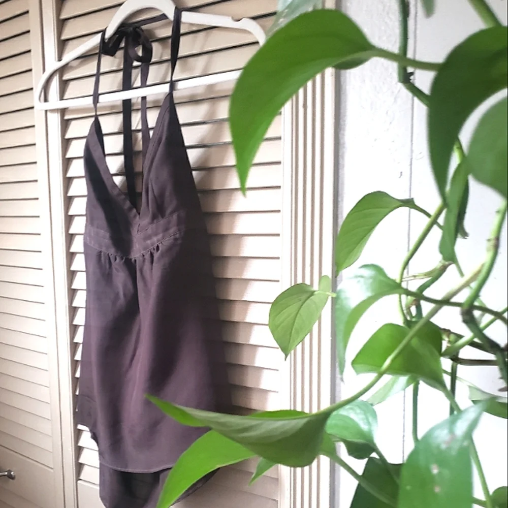 🌱 Theory Vintage Sweetheart Peasant Halter Top 100% Silk Brown Sz Small - Picture 2 of 8